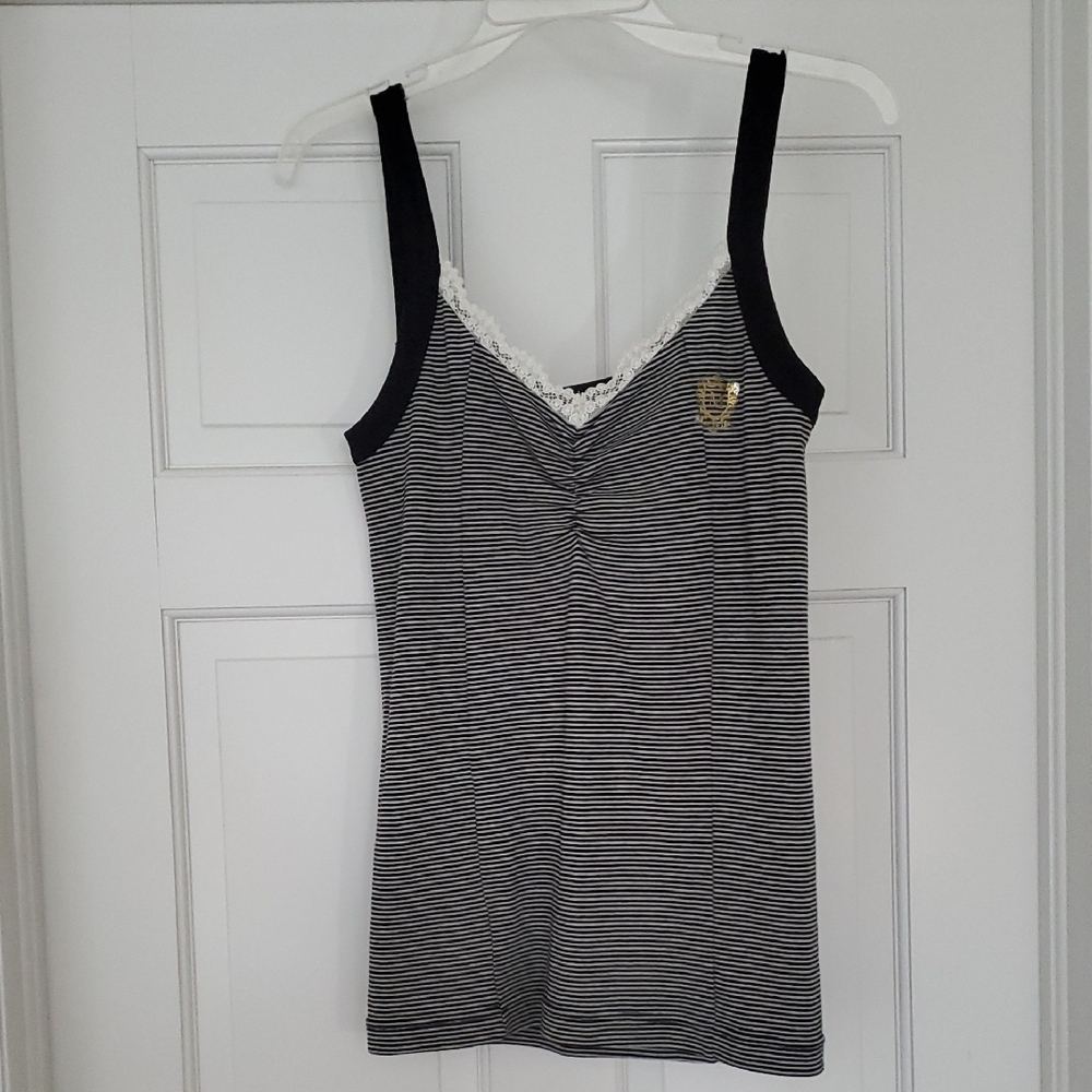 Nwt Red BY Marc Echo Black/White Striped Tank Top with Lace Trim Wms Sz M